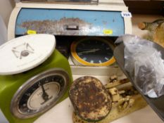 Parcel of vintage items including two sets of scales, bread bin, music stand etc