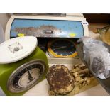 Parcel of vintage items including two sets of scales, bread bin, music stand etc