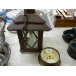 Vintage style oak lantern lamp and a pressure gauge marked 'G W R'