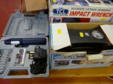 Impact wrench, portable three in one mini air compressor and a small electronic Dremel E/T