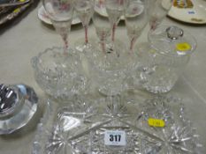 Set of six swirl stemmed wine glasses and other glassware