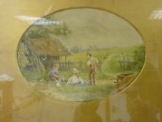 Manner of MILES BIRKETT FOSTER watercolour - three children with rabbits in a countryside setting,