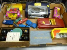 Selection of model vehicles, diecast and plastic, travelling chess set and a boxed set of carpet