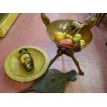 Treen bowl on a carved stand and one other, other treen ware, canvas vanity case, bathroom rug etc