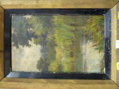 LOUIS B HURT oil on board - country pond, titled 'July, A Sketch in Surrey'