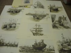Presentation portfolio of ten unframed prints - Belgian scenes and boats along with a vintage