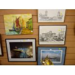 W L ASHTON colourful unframed oil on board - Mediterranean quayside and four various framed prints