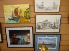 W L ASHTON colourful unframed oil on board - Mediterranean quayside and four various framed prints