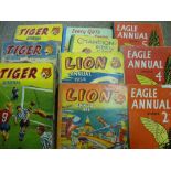 Selection of children's annuals including 'Eagle 2, 4 and 5', 'Tiger & Lion', 1955 dates etc