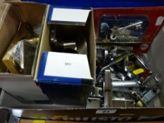 Small box of silver finished door handles, mortice lock and boxed brass latch set