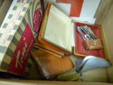 Box of miscellaneous collectables including a Toni vintage set of clippers etc