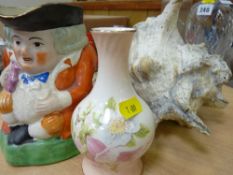 Vintage pottery Toby jug, natural conch shell etc