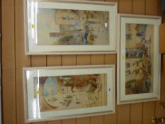 Three good watercolour studies of various Mediterranean street scenes, indistinctly signed, one