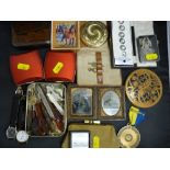 Box of collectables including watches, compacts, rotary medallion, quantity of pierced and carved