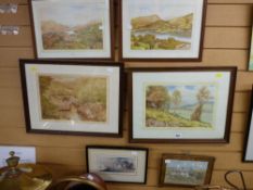 Four framed confident watercolour studies - mountain, lakeside and river scenes, monogrammed 'F G'