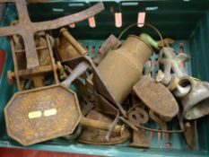 Quantity of vintage flat irons, mincer, set of kitchen scales etc