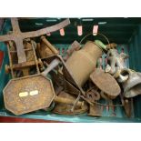 Quantity of vintage flat irons, mincer, set of kitchen scales etc