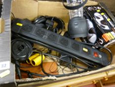 Box containing a Lidl six gang extension lead, electric knife grinder and other small items E/T