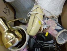 Box of mixed household electrical items including 'phones, table lamps etc E/T