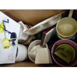 Box of pottery planters, teapots, boxed apple peeler etc