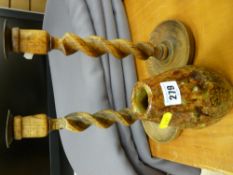 Small rustic pottery vase and a pair of twist stem candleholders