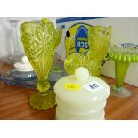 Two glass dressing table sets, quantity of uranium glass vases and jugs etc