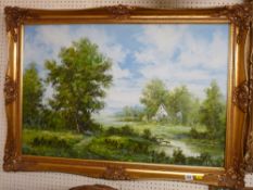 Large gilt framed oil on canvas - cottage in a countryside setting, indistinctly signed (modern)