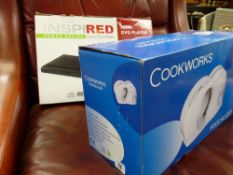 Boxed HDMI DVD player and a boxed Cookworks food slicer E/T