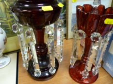 Two ruby glass drop lustre vases