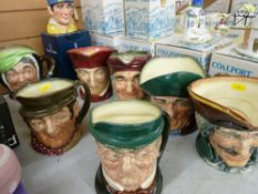 Eight Royal Doulton character jugs including a boxed 'The Golfer'