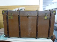 Wooden banded large trunk with initials 'R G'