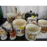 Quantity of commemorative ware, three porcelain figurines, Gaudy Welsh jug etc