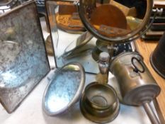 Parcel of brass items including clockwork spit, shaving set and mirror etc