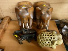 Pair of elephant bookends, quantity of carved soapstone animals etc