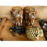 Pair of elephant bookends, quantity of carved soapstone animals etc