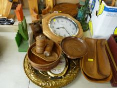 Set of vintage style fire bellows, kitchen wall clock and a quantity of modern treen items etc