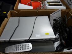 Two boxes of mixed household electrical items including DVD player, table lamps, toaster, 'phones