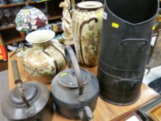 Two iron kettles and a coal scuttle etc
