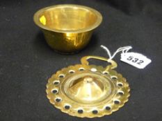 Old horse brass and a 20th Century miniature Chinese brass bowl, 8.5 cms diameter, 4 cms high