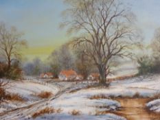 Modern gilt framed oil on canvas - winter countryside scene, indistinctly signed