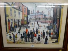 L S LOWRY colourful modern framed print - people on a cobbled street watching a march
