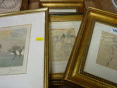 Set of four framed pencil sketches signed P PRUST and a watercolour - signed in pencil DARZIL?
