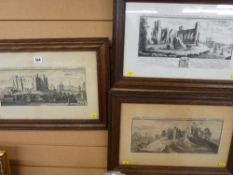 Three oak framed vintage prints - Pembroke County views of castle ruins