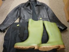 Black leather jacket, canvas holdall and a pair of wellingtons