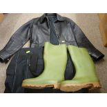 Black leather jacket, canvas holdall and a pair of wellingtons