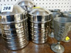 Three white metal provision containers and a set of six white metal goblets