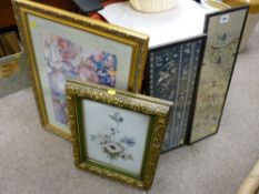 Oriental framed silks, framed still life panel etc