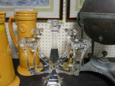 Parcel of mixed items including glass candleholders, pair of tall vases, metalware etc