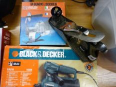 Black & Decker multi-sander, Black & Decker jigsaw drill attachment and a manual hand plane E/T