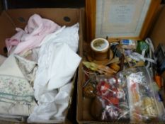 Quantity of vintage linen and a box of mixed household goods